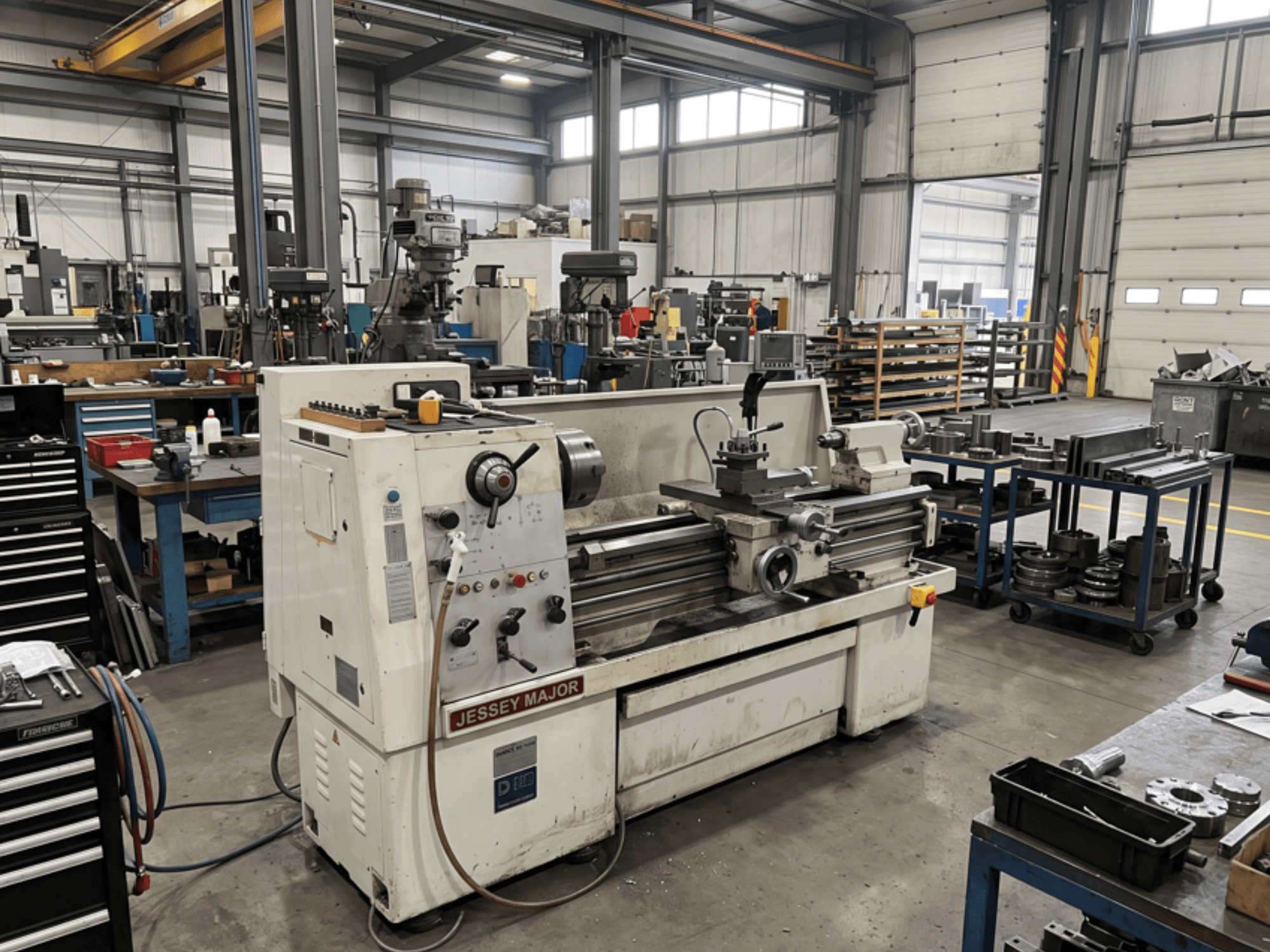 Torno horizontal JESSEY MJ1840 numa oficina, vista lateral, mostrando os comandos e o torno com as ferramentas nas proximidades.