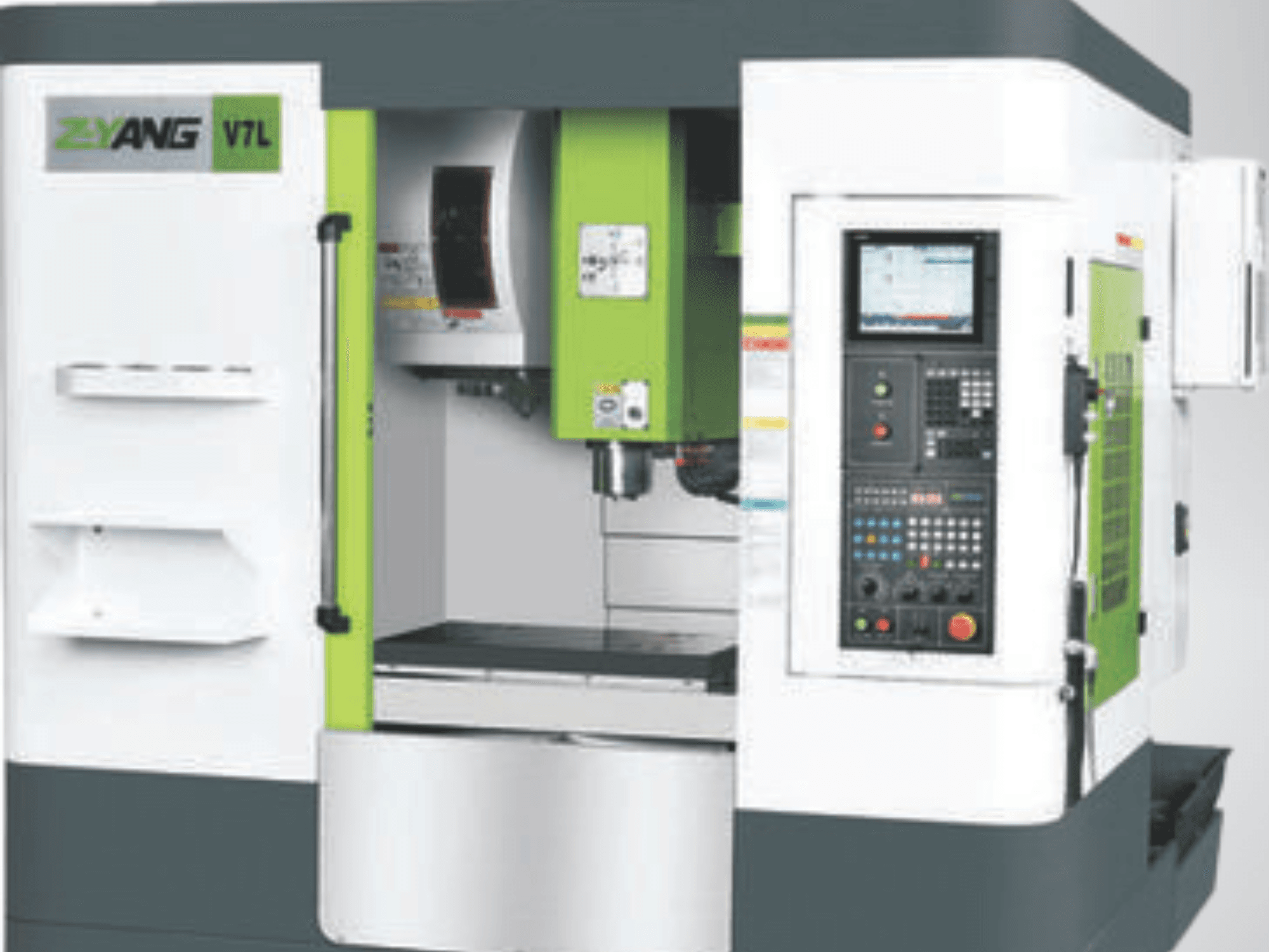 Centro de maquinação vertical Z-YANG V7L, vista frontal mostrando o painel de controlo, a área de trabalho e o design verde e branco caraterístico.