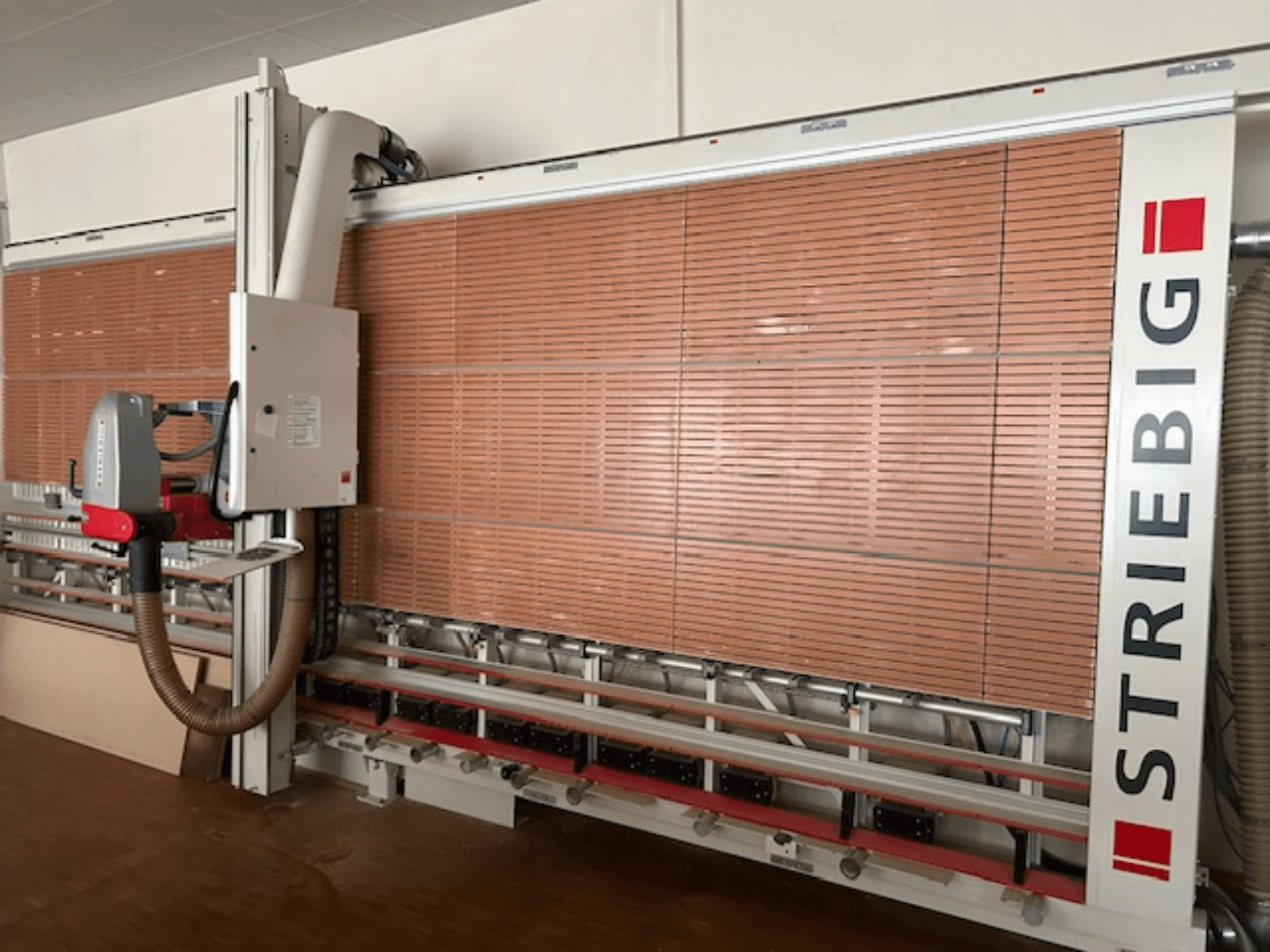 Serra de painel vertical Striebig em vista lateral, com uma cabeça motorizada, lâminas de corte de painéis de madeira e sistema de extração de poeiras.