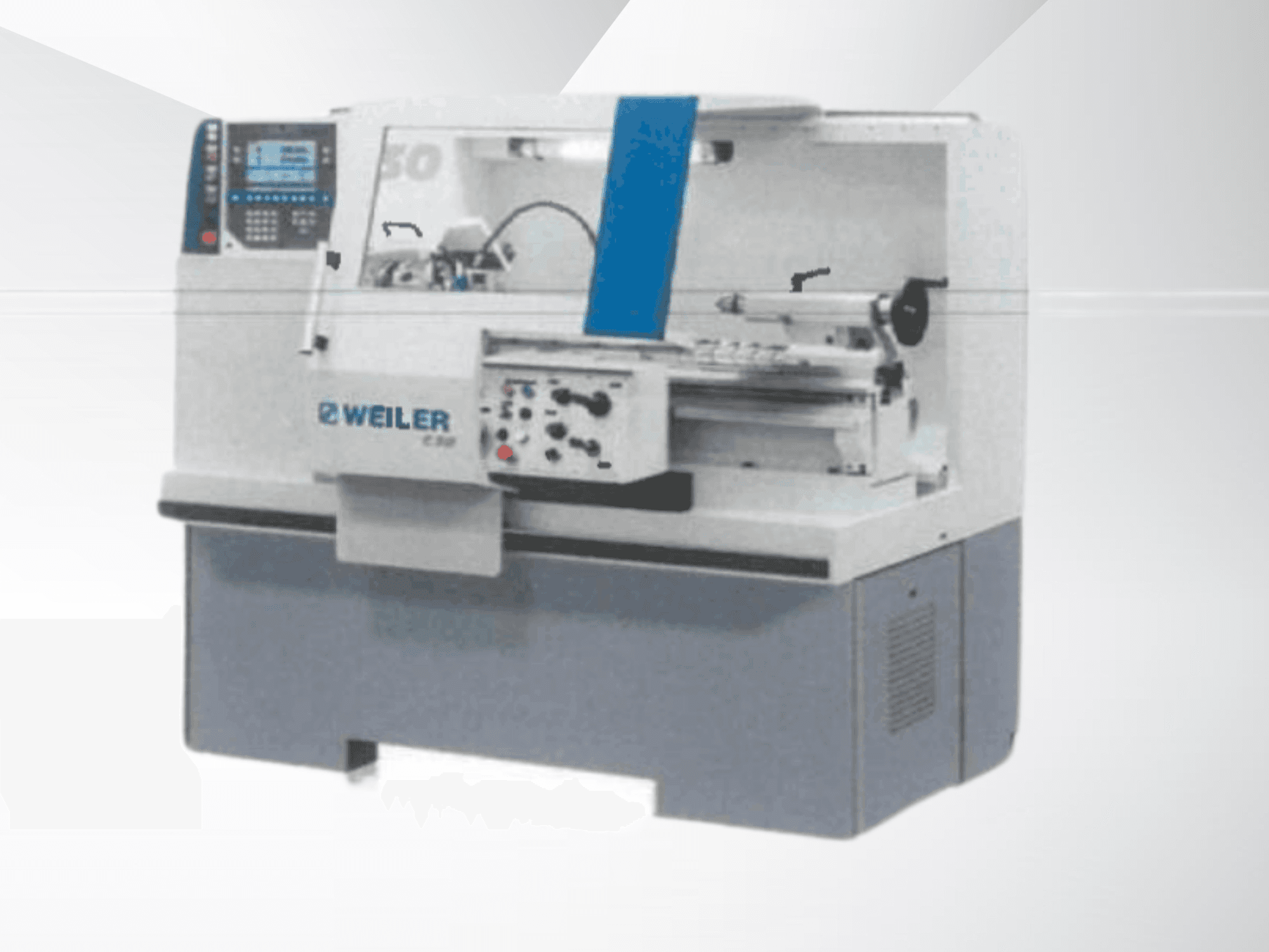 Torno horizontal Weiler C30X 750 visto de frente, com o painel de controlo e os componentes operacionais visíveis.