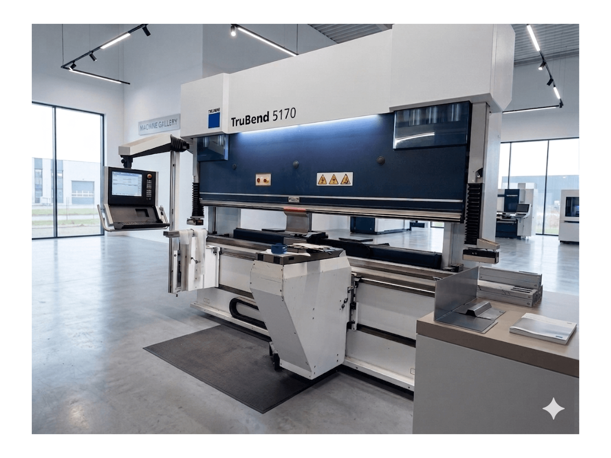 Prensa dobradeira TruBend 5170 da TRUMPF, vista frontal com painel de controlo e mesa de dobragem, mostrando o design moderno da máquina.