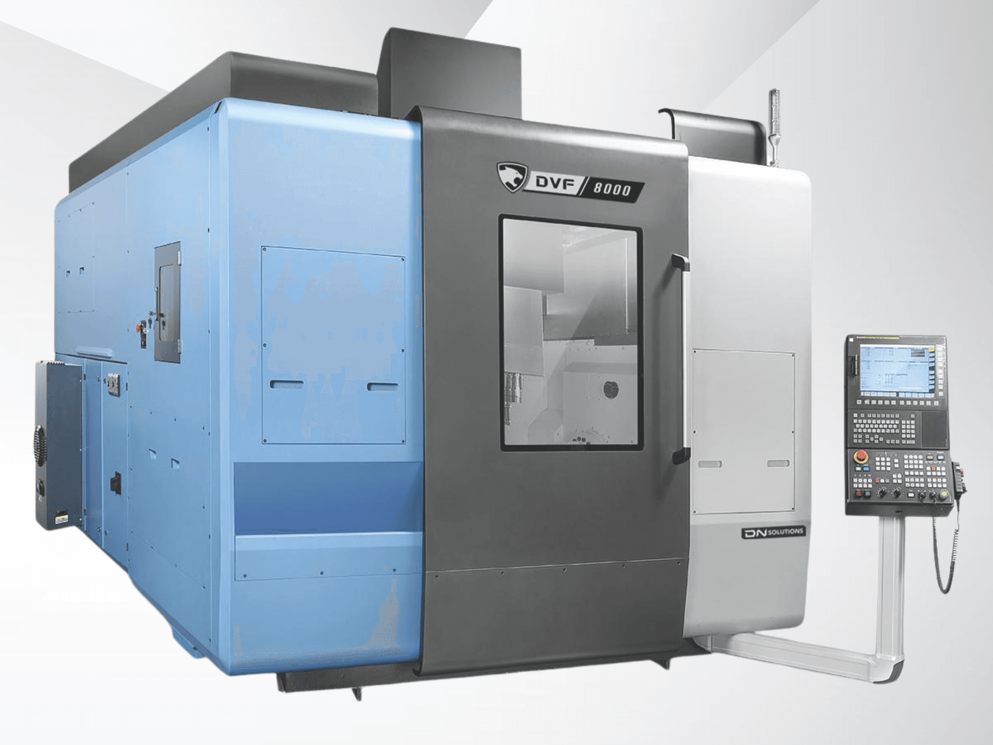 Centro de maquinagem universal DN SOLUTIONS DVF 8000, vista frontal, mostrando o painel de controlo e o design exterior em dois tons.