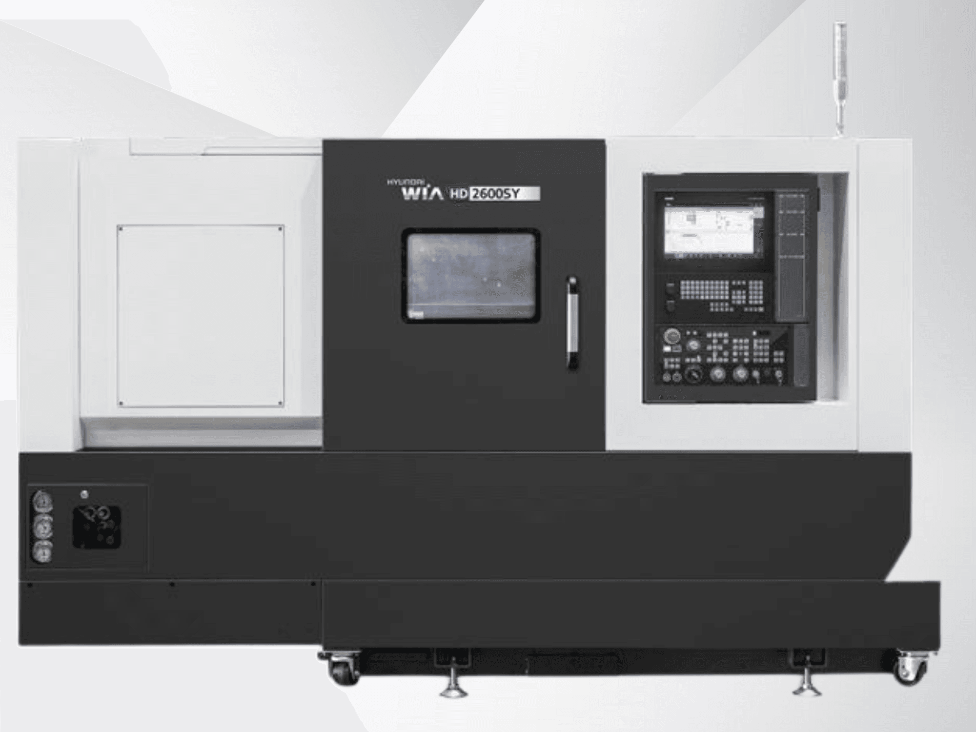 Torno CNC Hyundai WIA HD 2600SY, vista frontal; inclui painel de controlo digital e área de armazenamento de ferramentas, apresentando caraterísticas técnicas.