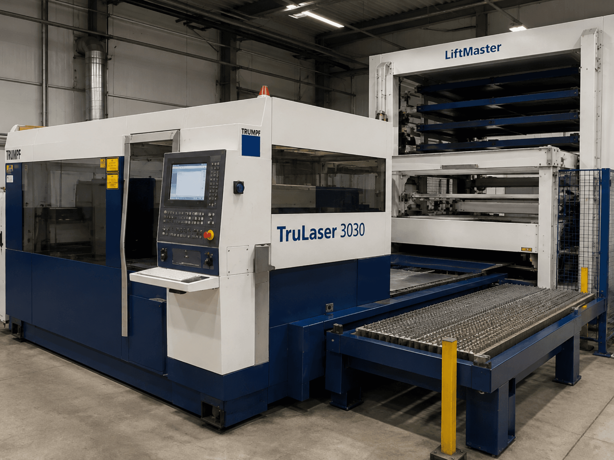 Vista frontal da máquina de corte a laser de CO₂ TRUMPF TruLaser 3030 com LiftMaster, equipada com painel de comando e mesa para chapas metálicas.