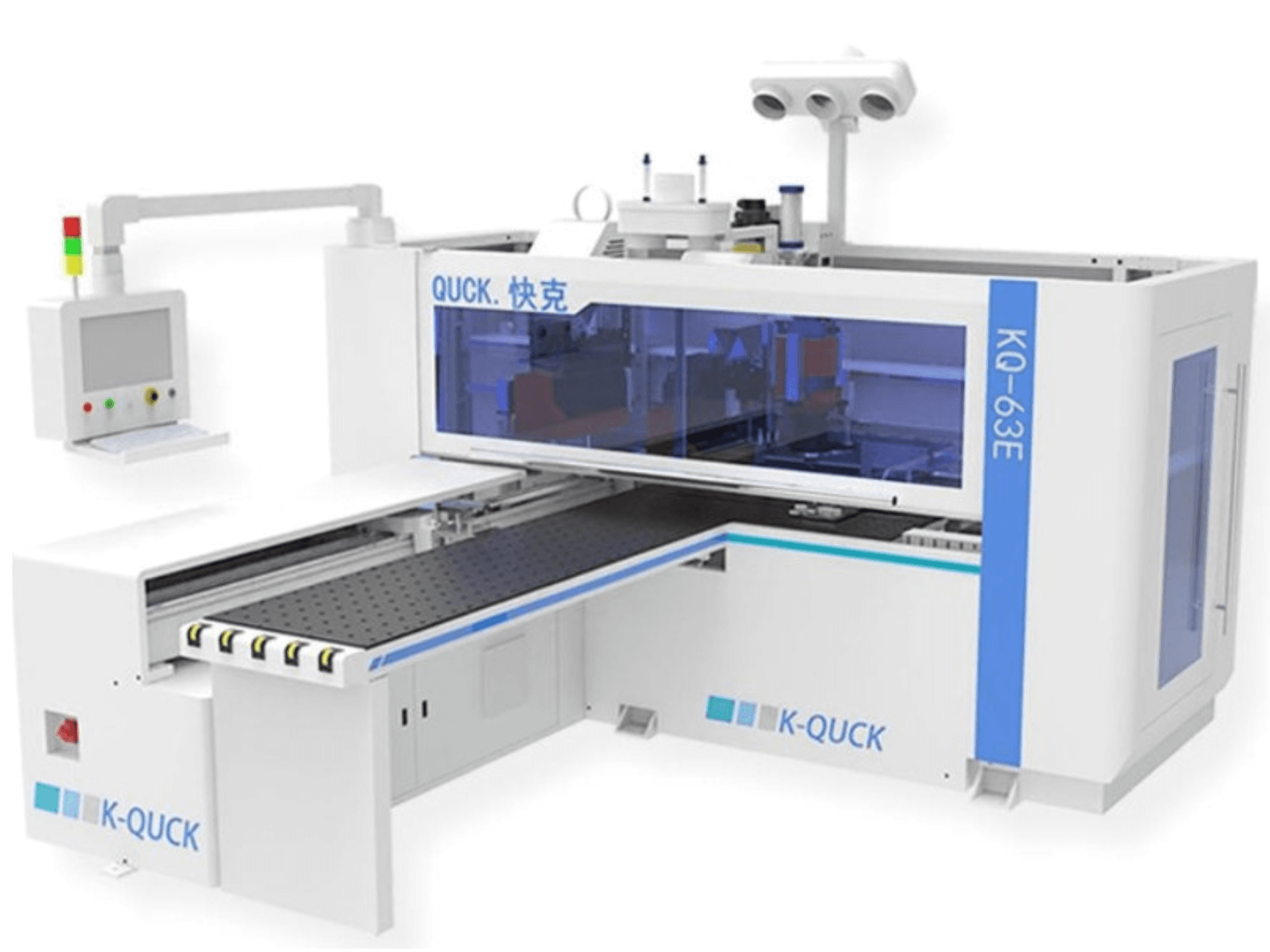 Máquina K-QUICK KQ-63E, vista frontal, com painel de controlo, caixa transparente e um transportador plano com vários rolos.