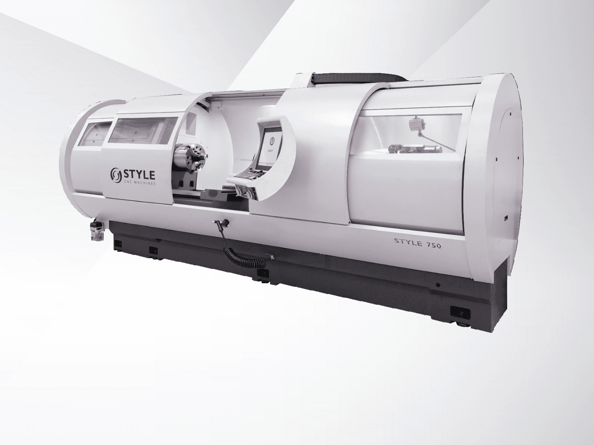 Torno CNC STYLE 750, vista frontal, com janela grande, painel de controlo e mecânica de precisão para maquinação avançada.