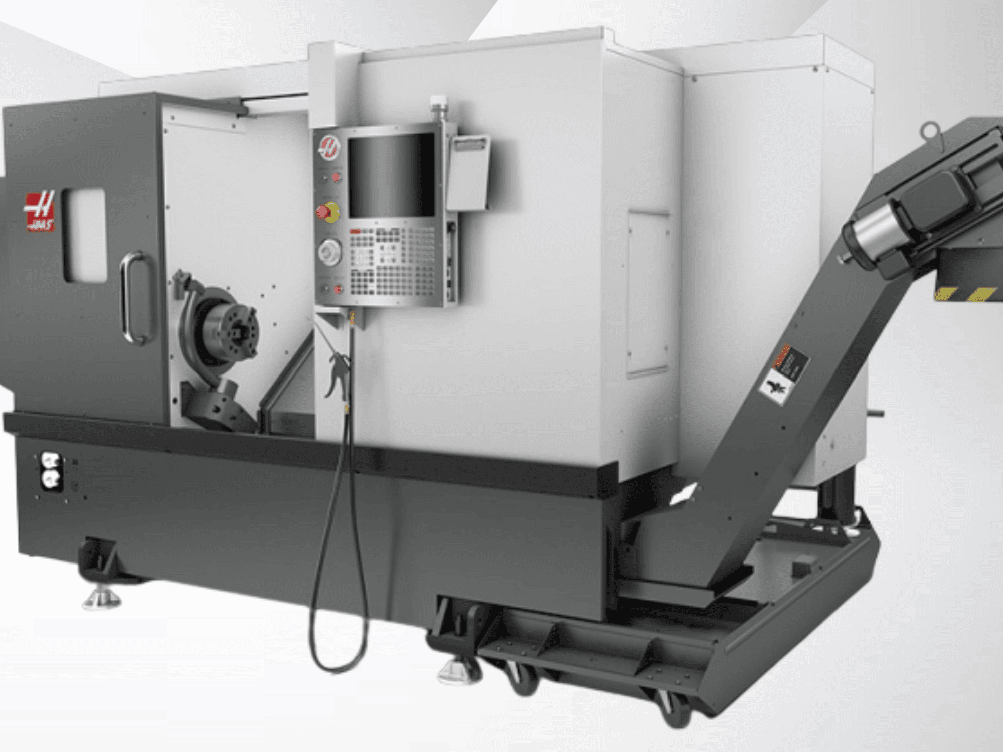 Torno horizontal Haas ST-20; vista frontal que mostra o painel de controlo, o fuso e o design do transportador de aparas.