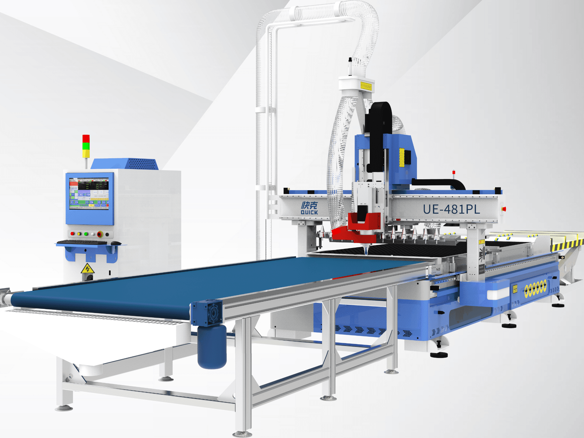 Máquina CNC Blue Quick UE-481PL com controlo por ecrã tátil, vista frontal, com uma correia transportadora e várias cabeças de corte.