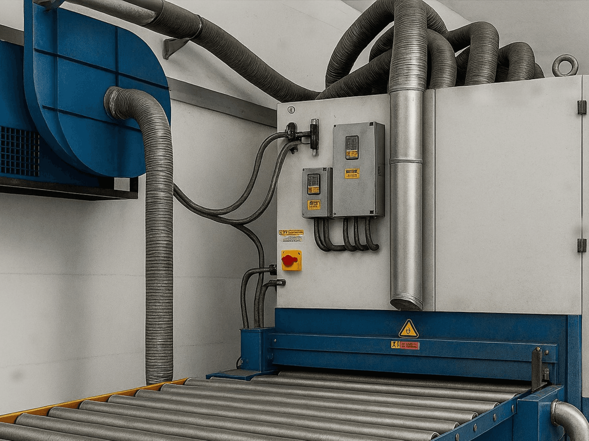Máquina de rebarbação Costa LEVIGATRICE MSH3 CCVC 1350, vista lateral que mostra o painel de controlo e a conduta de ar, com os rolos visíveis.