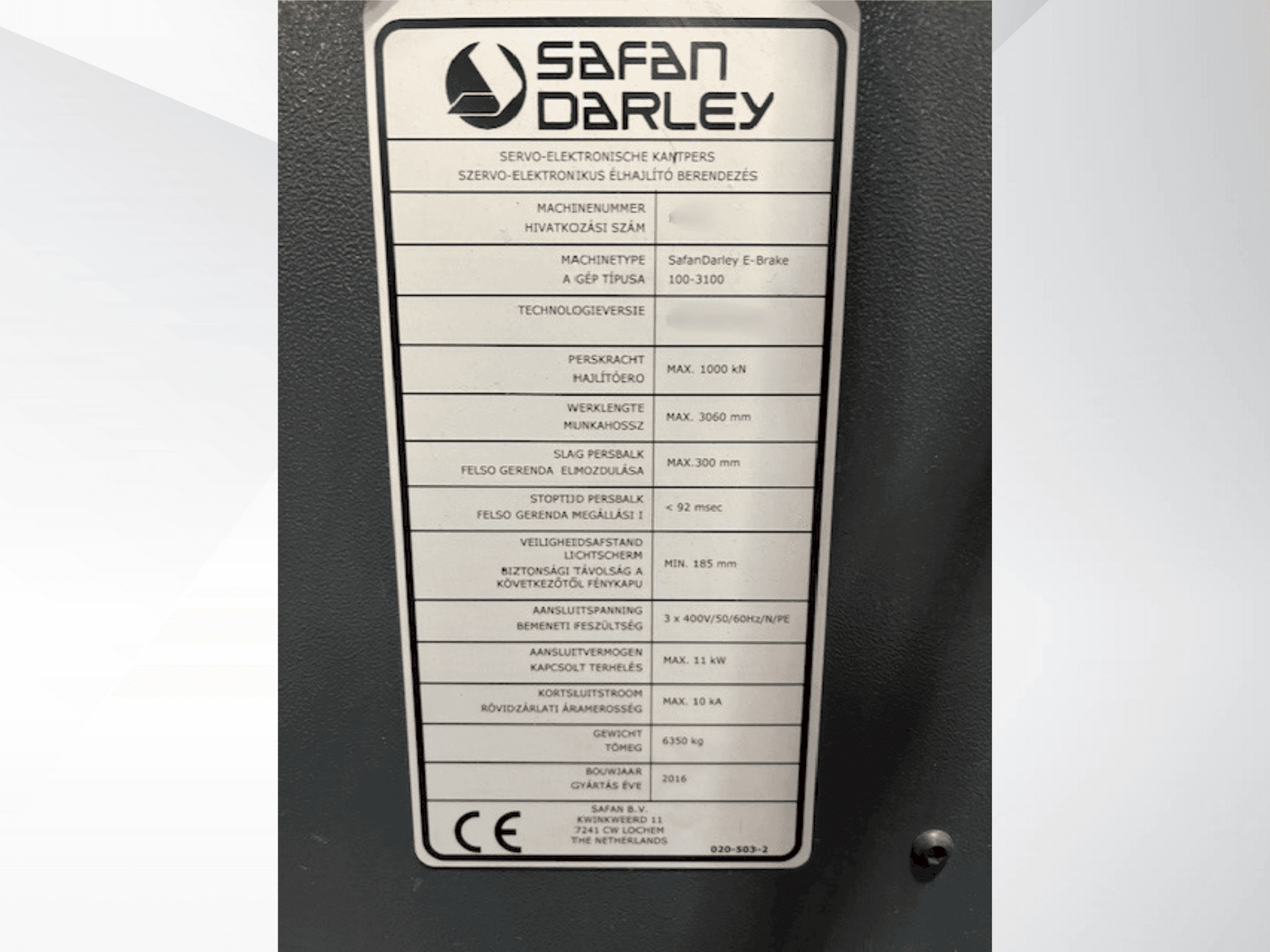 Vista Frontal da Safan E Brake 100 3100 máquina