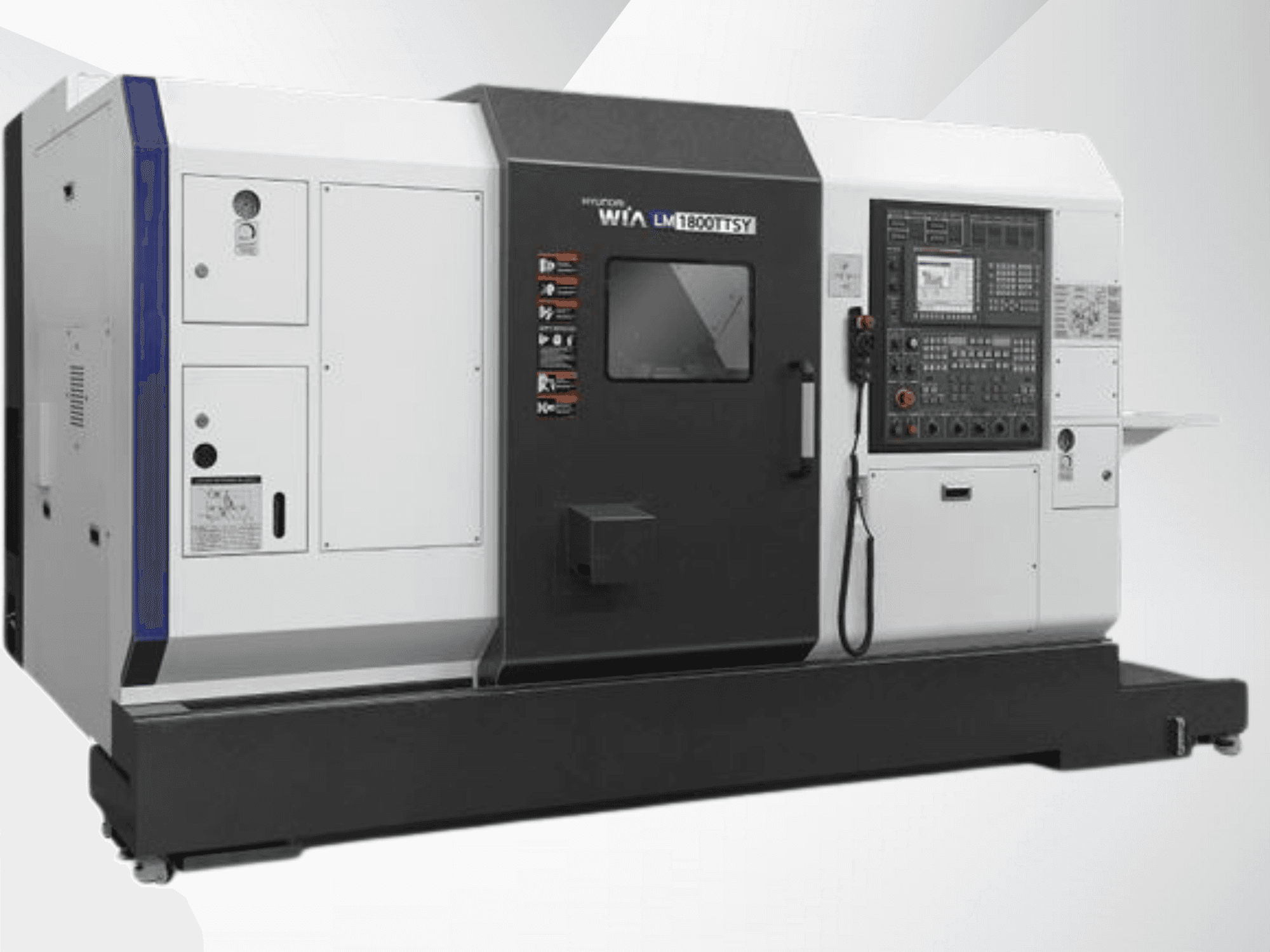 Torno CNC Hyundai LM1800TTSY, vista frontal, com painel de controlo, exterior a preto e branco e botões operacionais.