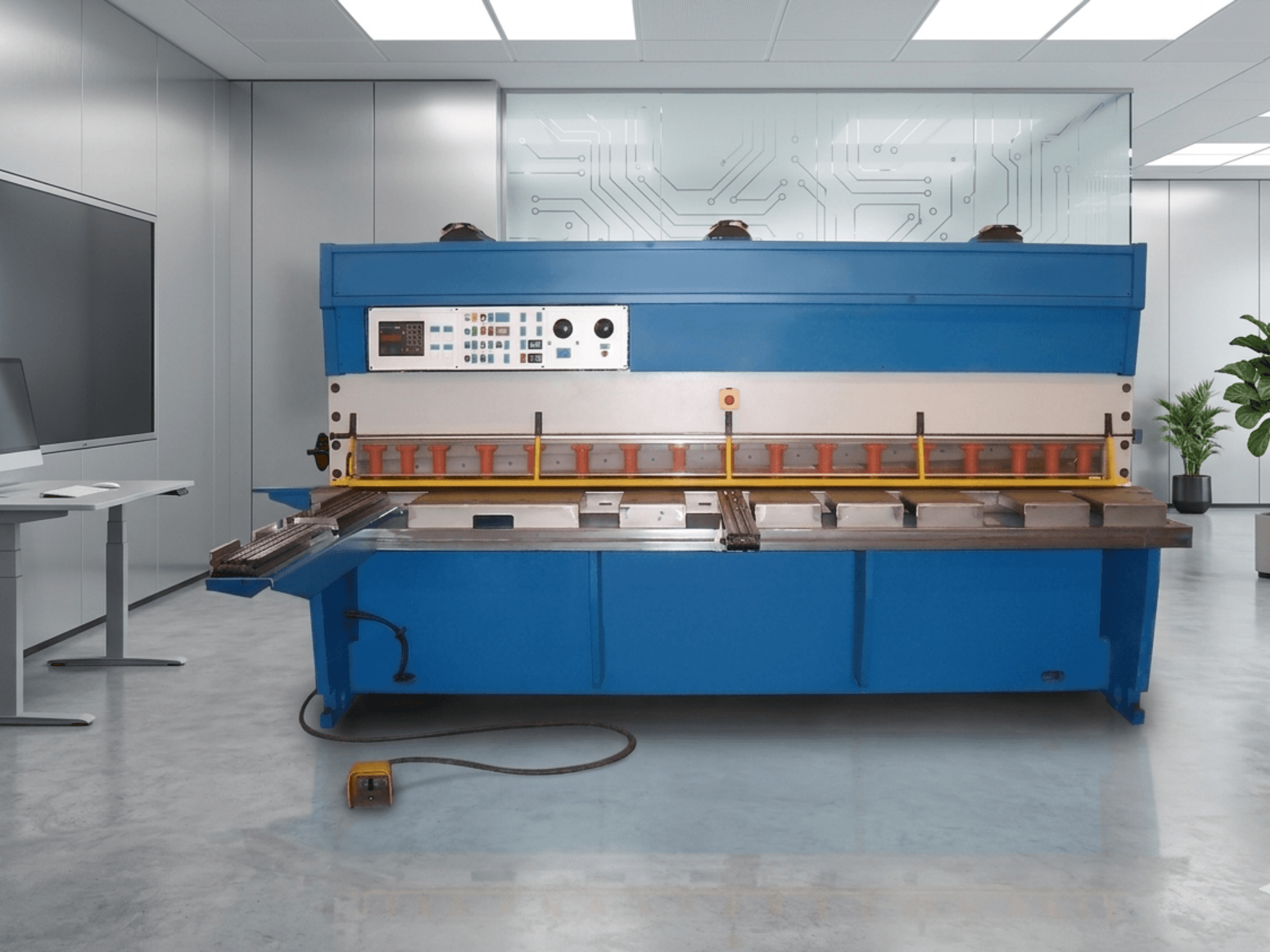 Máquina de corte hidráulica GASPARINI CO 3006, vista frontal, com painel de controlo e área de corte de metal, num espaço de trabalho moderno.