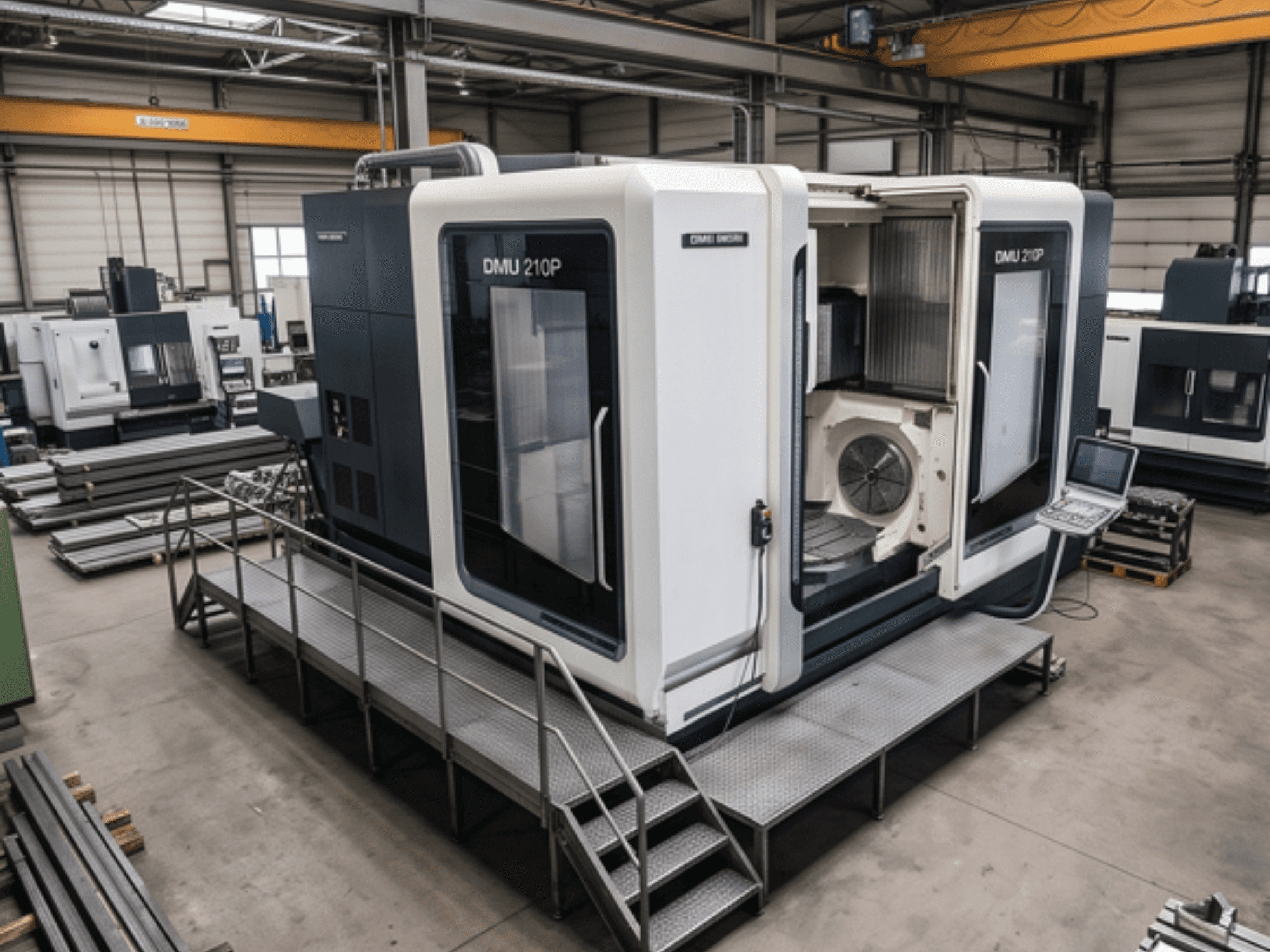 Centro de maquinagem universal DMG MORI DMU 210P numa oficina, vista lateral que mostra o painel de controlo e a plataforma de acesso.